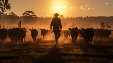 Cowboy herding cattle during sunrise on a farmの素材