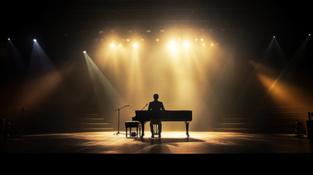 male playing piano on the stage in hall and spot lightの素材