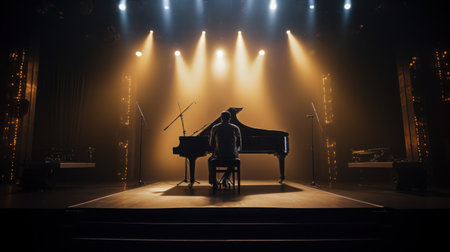 male playing piano on the stage in hall and spot lightの素材