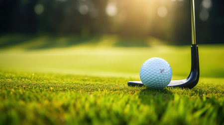close-up golf and golf club on the green fieldの素材