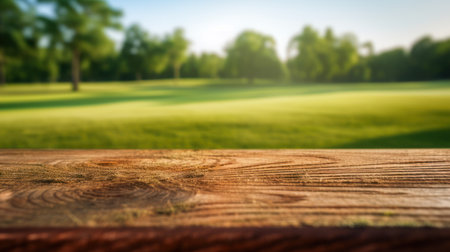 The wooden table and green grassの素材