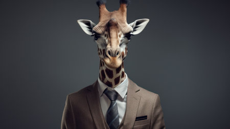 giraffe wearing suit on the grey backgroundの素材