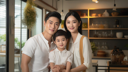 Thai family mother father and son little smileの素材
