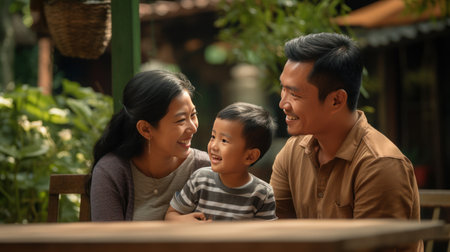 Thai family mother father and son little smileの素材