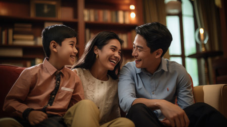 Thai family mother father and son little smileの素材