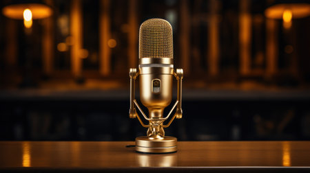The gold microphone on the table equipment for content creatorsの素材