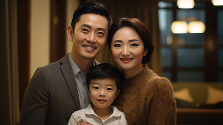 Thai family mother father and son little smileの素材