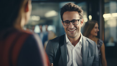 close-up business people talking moment little smile in the white officeの素材