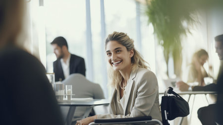 Businesswoman on the wheelchair with group friends in the modern white office in Americaの素材