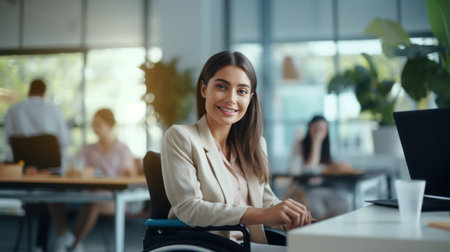 Businesswoman on the wheelchair with group friends in the modern white office in Americaの素材