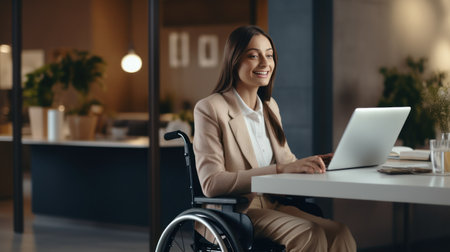 Businesswoman on the wheelchair with group friends in the modern white office in Americaの素材