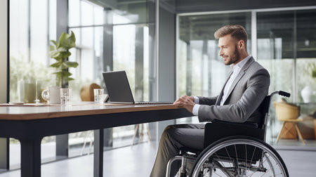 Businessman on the wheelchair working on the laptop in the modern white officeの素材