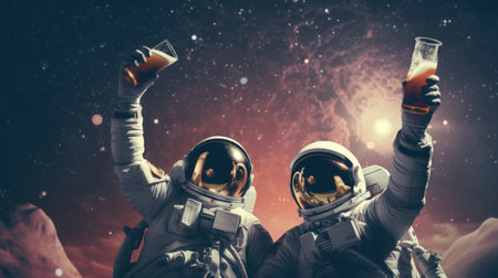 male and friend in space suits happily freedom holding craft beer bottle cheer on the moonの素材
