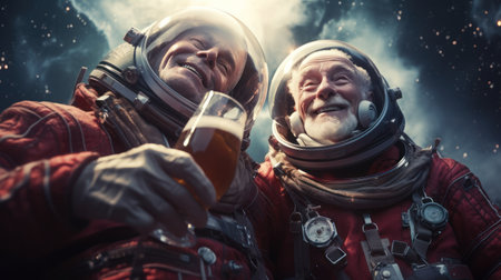 The senior man enjoying with friend and beer in spaceの素材