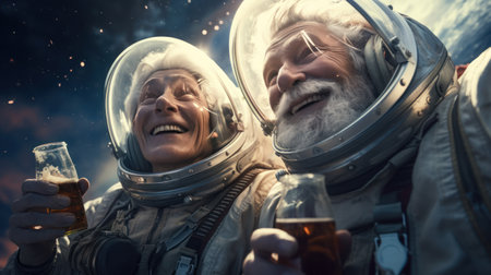 The senior man enjoying with friend and beer in spaceの素材