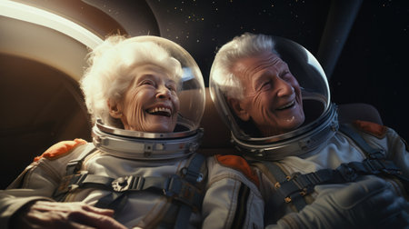 Senior couple in space suits smiling happily in sky and starの素材