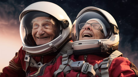Senior couple in space suits smiling happily in sky and starの素材