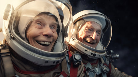Senior couple in space suits smiling happily in sky and starの素材