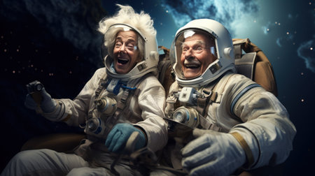 Senior couple in space suits smiling happily in sky and starの素材