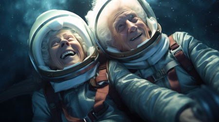 Senior couple in space suits smiling happily in sky and starの素材