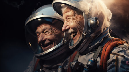 Senior couple in space suits smiling happily in sky and starの素材