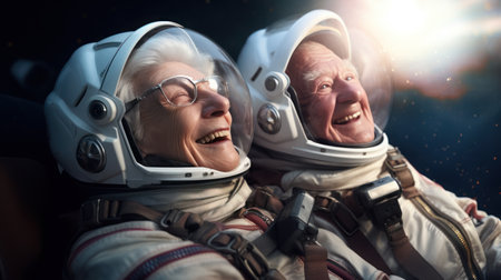 Senior couple in space suits smiling happily in sky and starの素材