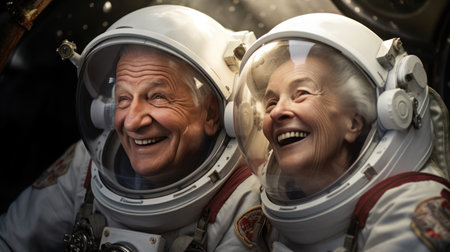 Senior couple in space suits smiling happily in sky and starの素材