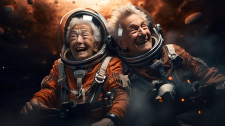 Senior couple in space suits smiling happily in sky and starの素材