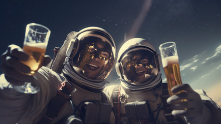 male and friend in space suits happily freedom holding craft beer bottle cheer on the moonの素材