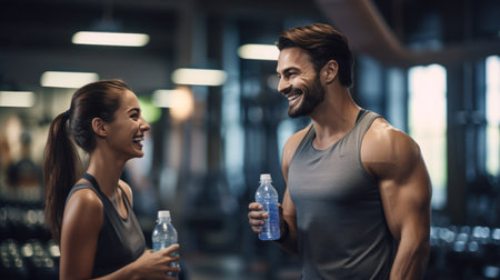 male and female talking relax with friends after workout in the gymの素材