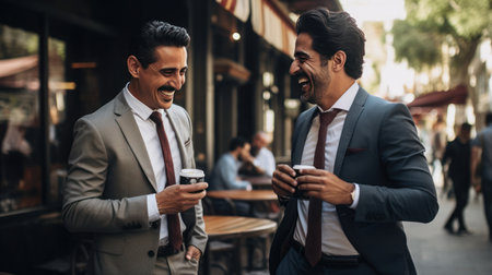 close-up male Mexicans wearing suit handsome and smile talking with friend holding coffee cupの素材