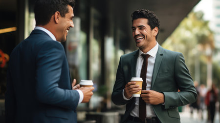close-up male Mexicans wearing suit handsome and smile talking with friend holding coffee cupの素材