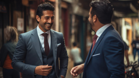 close-up male Mexicans wearing suit handsome and smile talking with friend holding coffee cupの素材