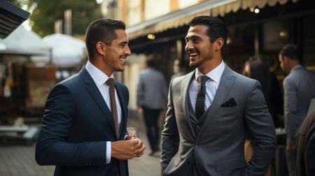 close-up male Mexicans wearing suit handsome and smile talking with friend holding coffee cupの素材