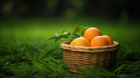 Orange on the basket on the wooden, green grass backgroundの素材