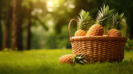 Pineapple on the basket in the green grass backgroundの素材