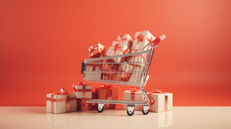 Red Boxes in a trolley on the pastel backgroundの素材
