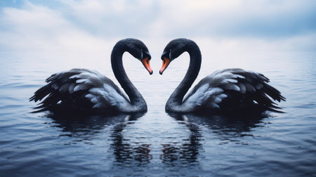Two black swans moment of love in the lakeの素材