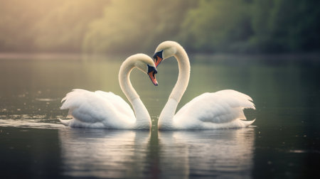 Two white swans , necks forming the shape of a love heartの素材