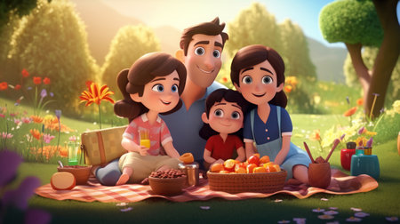 animation of the family happy picnic in the park and beautiful flowerの素材