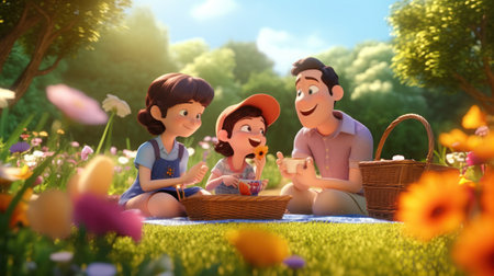 animation of the family happy picnic in the park and beautiful flowerの素材