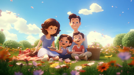 animation of the family happy picnic in the park and beautiful flowerの素材