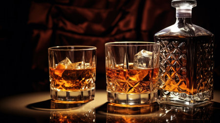 Whiskey bottles and glasses on the bar counterの素材