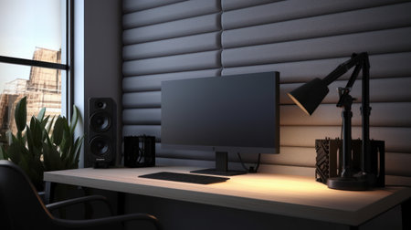 Interior home studio minimalist of video editing comfortable with microphone and the computer speaker monitorの素材