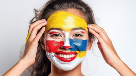 A Colombian young has the national flag painted on their facesの素材
