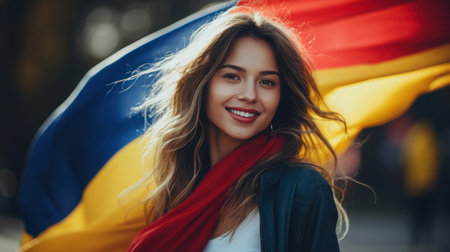 Young Colombian woman cheerful with national flagの素材