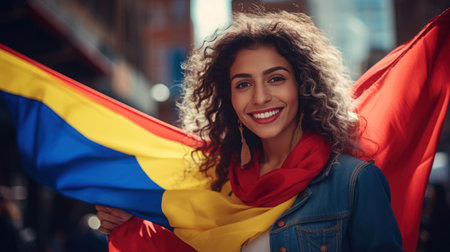 Young Colombian woman cheerful with national flagの素材
