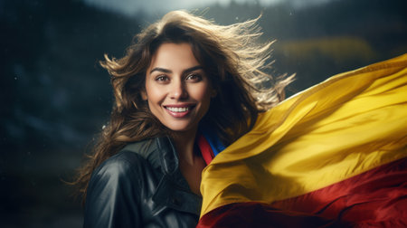 Beautiful Colombian woman cheerful with national flagの素材