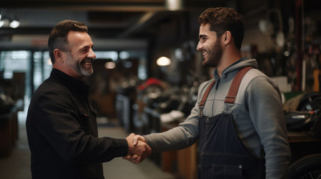 Happy customer shaking hands with auto mechanic in a workshopの素材