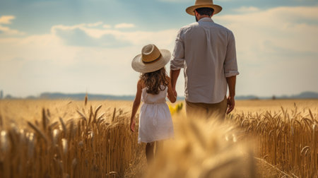 Father and daughter walking hand in hand in a barley fieldの素材